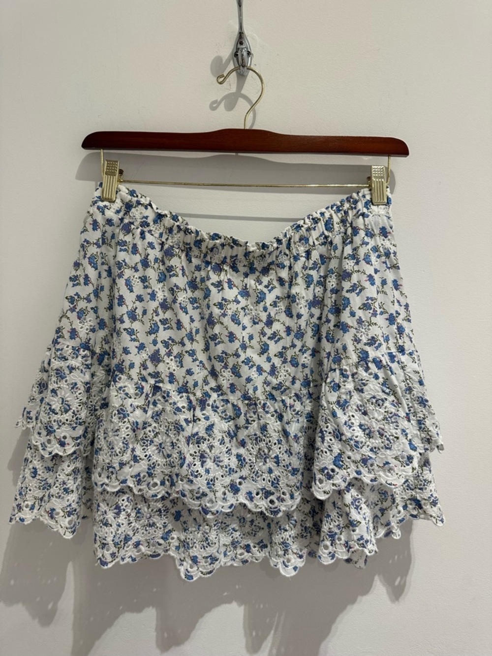 White & Blue Floral Eyelet Ruffle Mini Skirt
